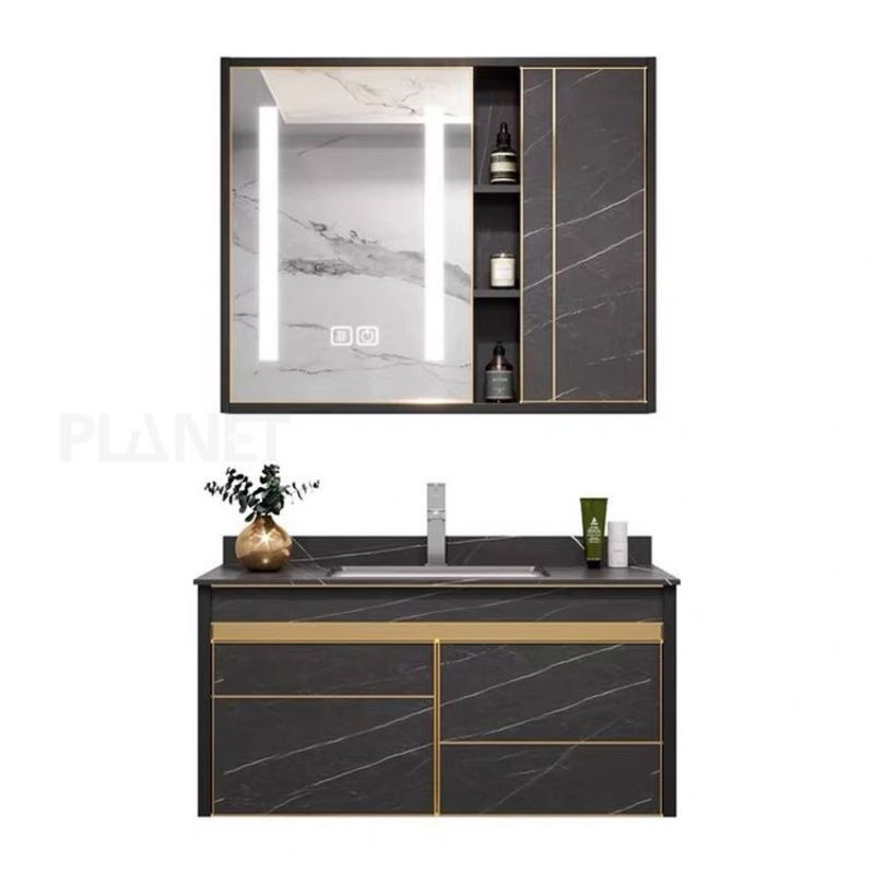 Water Resistant Hotel Single Sink PVC Black Luxury Wall Mount Floating Cabinet Modern Bathroom Vanity