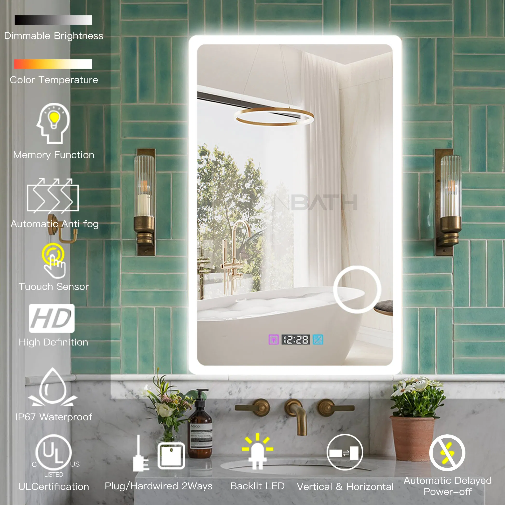 Ortonbath Vertical Vanity Smart Mirror with Lights Wall Mounted 24X32 Inch Dimmer Defogger Clear Shatterproof LED Bathroom Mirror with Magnifier
