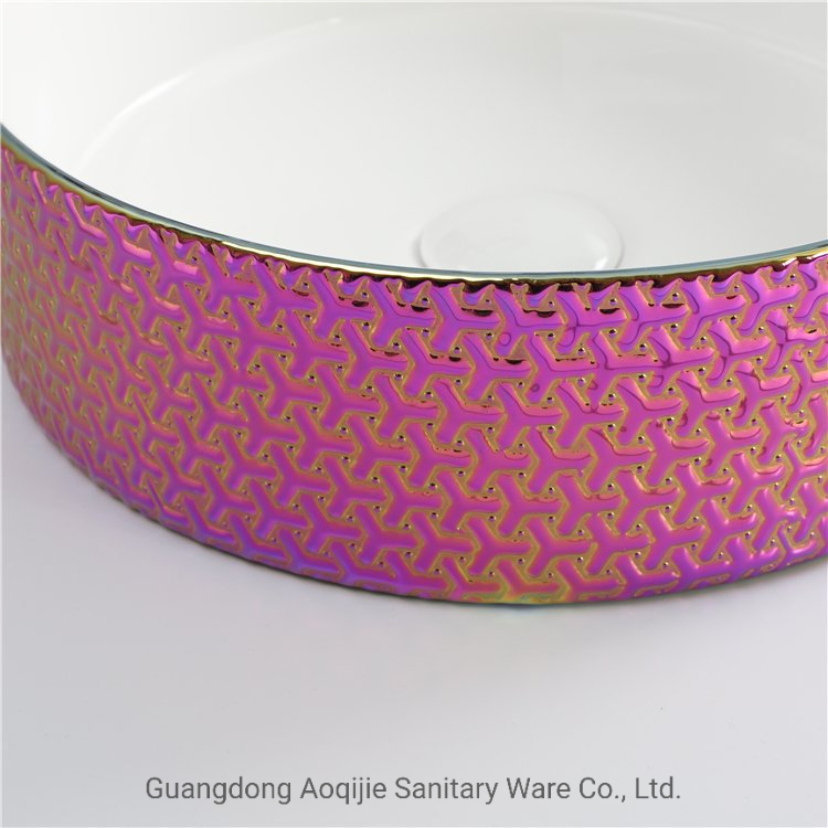 Luxury Airplane Pattern Special Color Lavabo Countertop Round Ceramic Bathroom Vessel Sink White Bowl Hand Wash Art Basin Rose Red Plating Sink