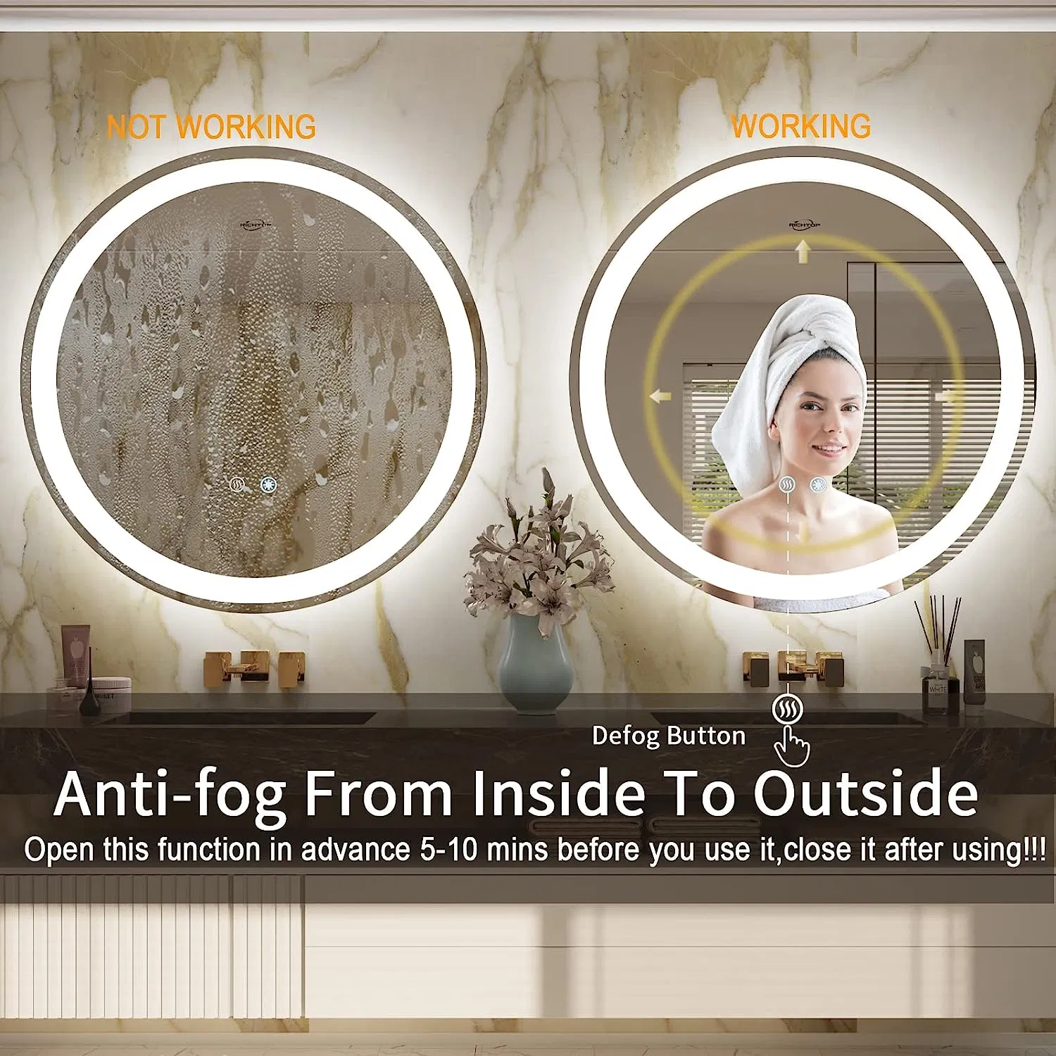 LED Bathroom Mirror with Lights Anti Fog Smart Round Bathroom Vanity Mirror 3 Color Dimmable Lighted Circle Mirror Backlit Light up Mirrors for Bathroom