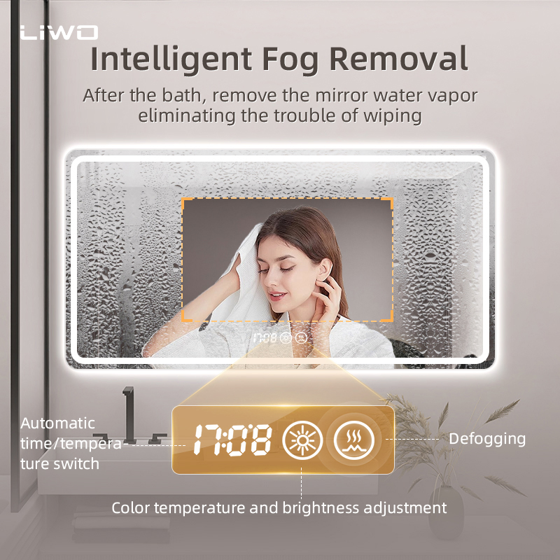 Home Decor Furniture Bathroom LED Mirror Wall Rectangle Frameless Modern Intelligent Front and Backlit Makeup Smart Mirror with Anti Fog Bluetooth Adjustable