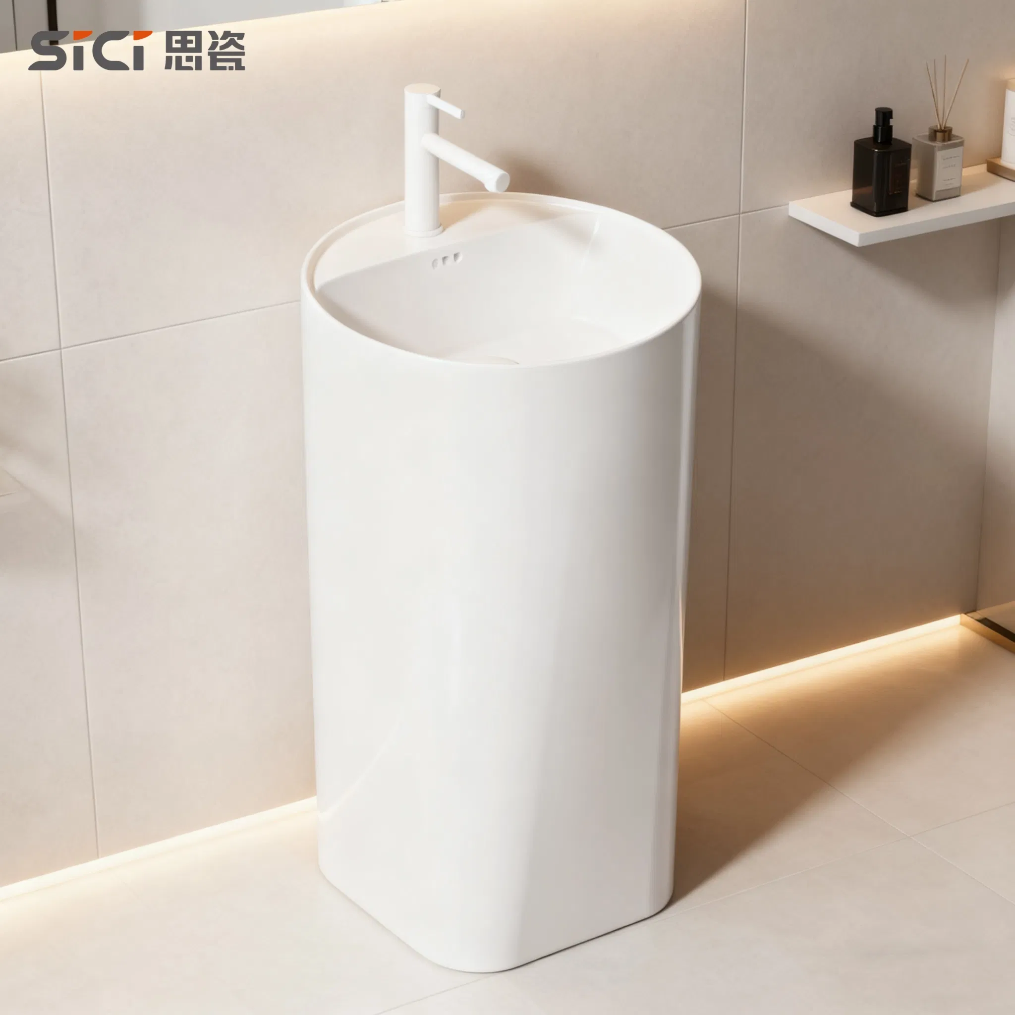 Rounded Rectangular Wash Basin Overflow-Proof Basin Pedestal Standing Sink Universal Lavabo