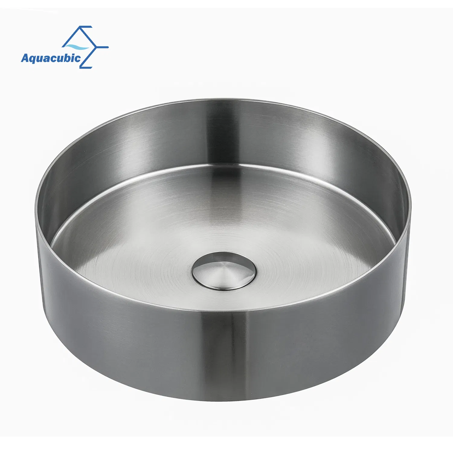 Aquacubic 16" Round Countertop Brushed Handmade 304 Stainless Steel Bathroom Vessel Sink with Drain