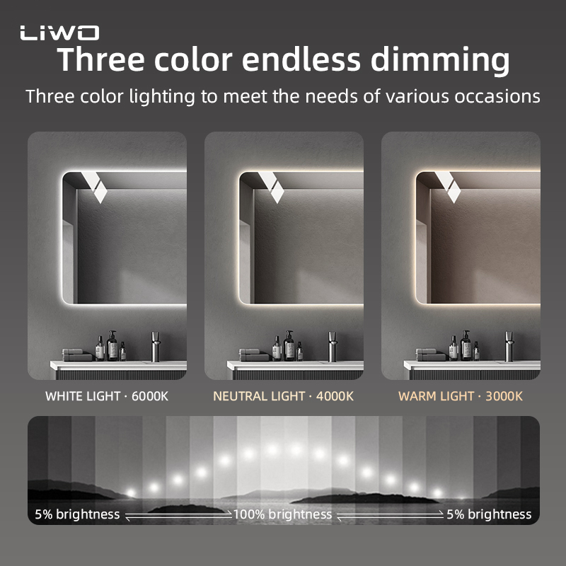 Rectangle Wall Home Decor LED Mirror Anti Fog Touch Vanity Bathroom Smart Makeup Mirror with Light Adjustable Frameless Glass cosmetic Furniture