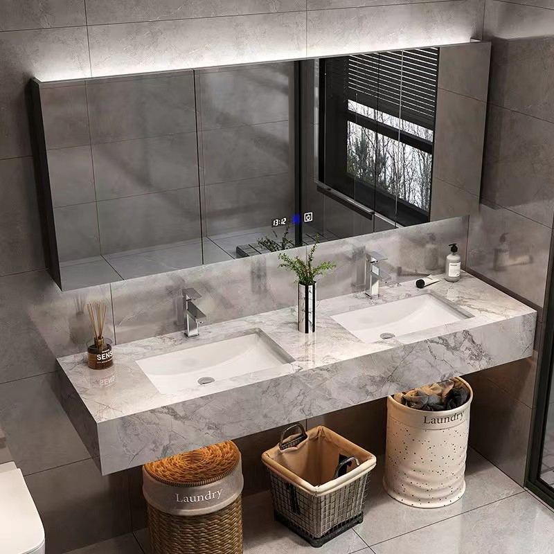 Small Wall Mounted Metal Hung White Bathroom Sink with Round Mirror