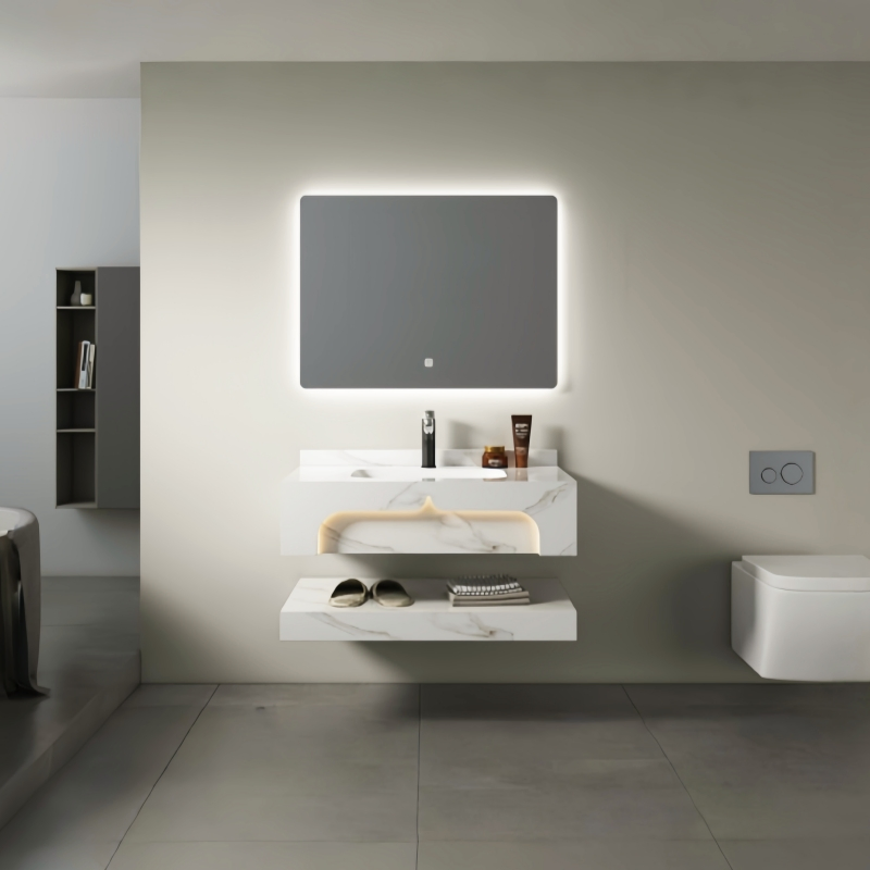 Modern Luxury Floating Rock Slab Bathroom Vanity with LED Mirror &amp; Ambient Lighting