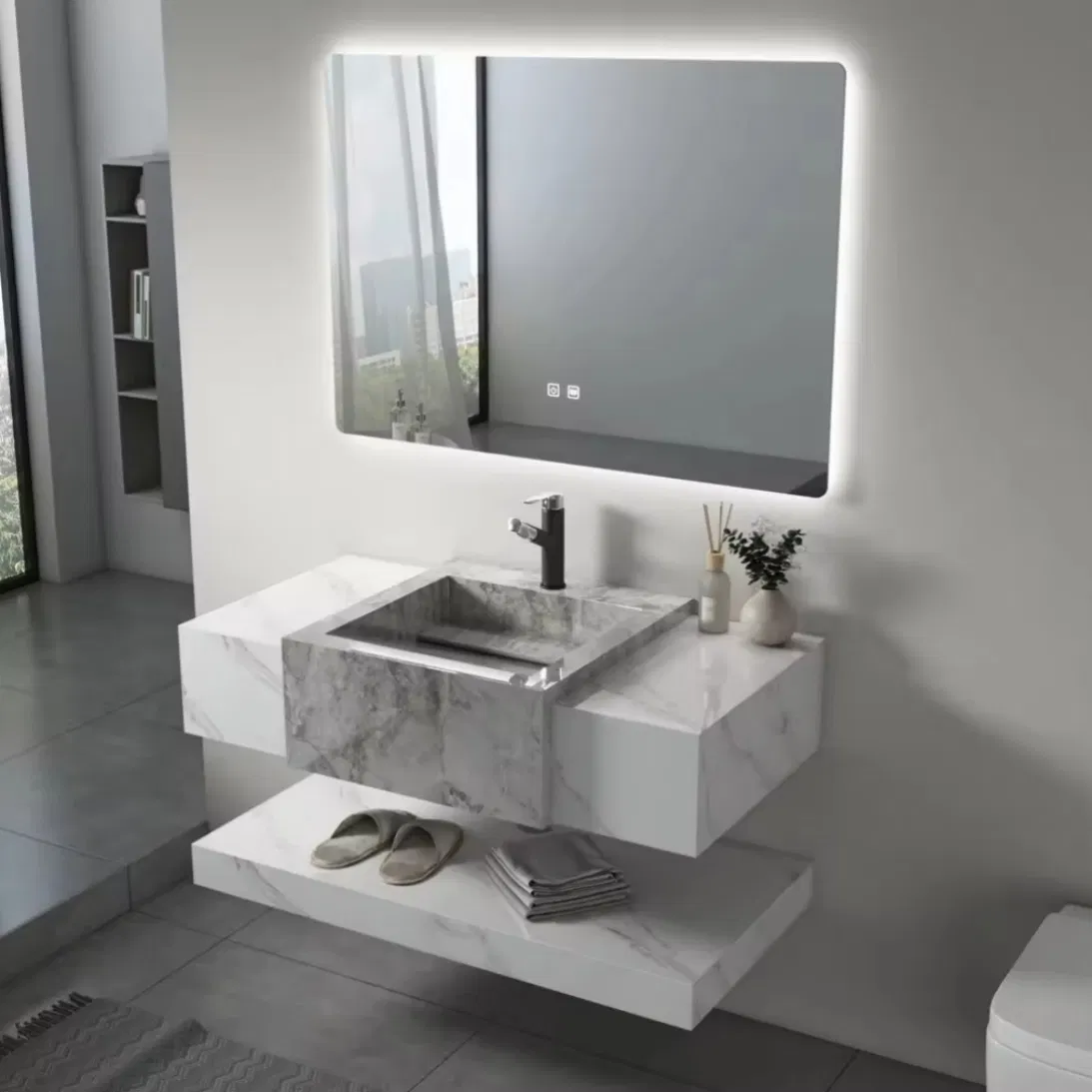 American Style Freestanding Bathroom Vanity with Natural Wood Veneer and Ceramic Sink Top