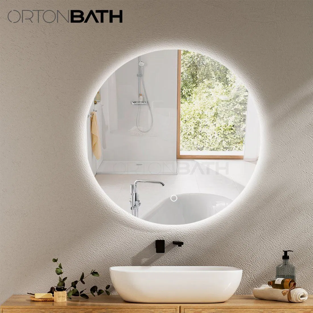 Ortonbath Round LED Bathroom Mirror Backlit Anti-Fog Wall Mounted Lighted Bathroom Vanity Mirror 3 Colors Light Dimmable Smart Makeup Mirror with Touch Switch