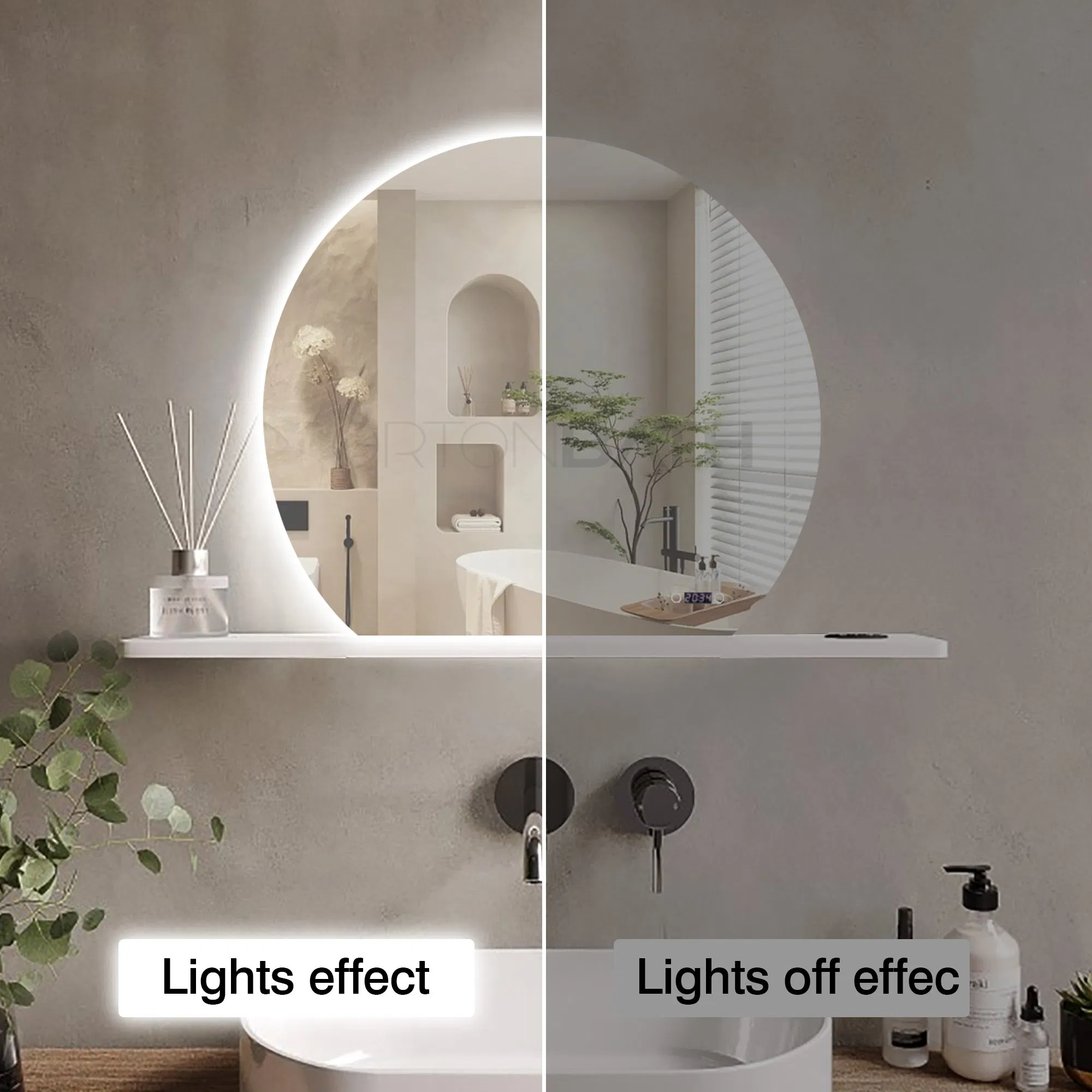 Ortonbath Bathroom Mirror with Lights LED Backlit Mirrors Irregular Vanity Mirror Half Circle Frameless Makeup Mirror Anti-Fog Wall Mounted Mirror