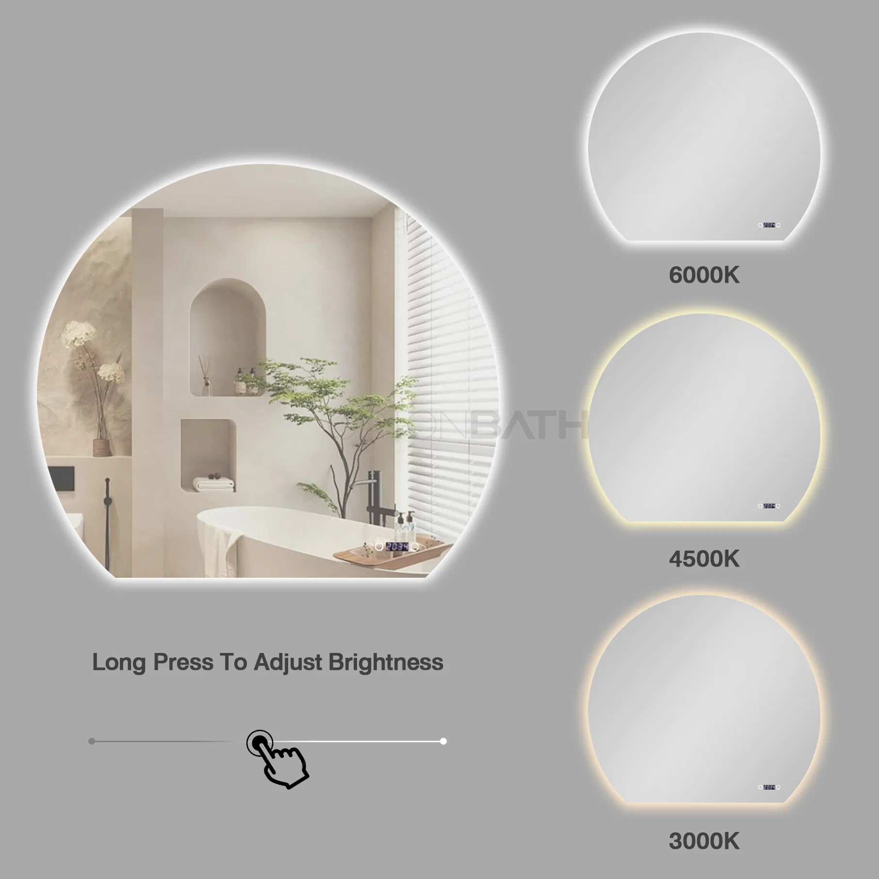 Ortonbath Bathroom Mirror with Lights LED Backlit Mirrors Irregular Vanity Mirror Half Circle Frameless Makeup Mirror Anti-Fog Wall Mounted Mirror