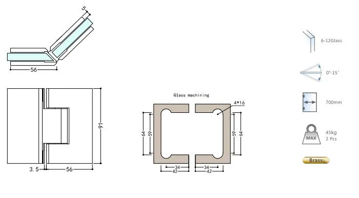 135 Square Hinge Shower Door Detail