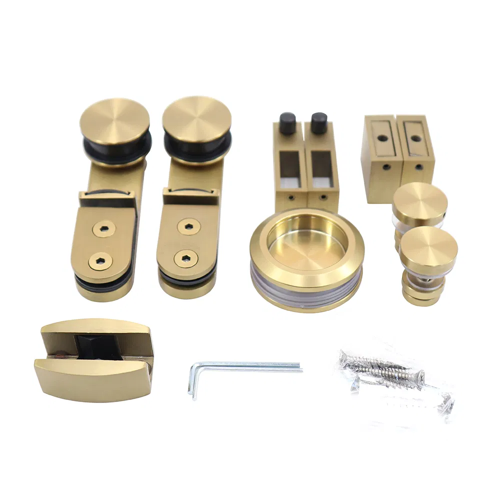 Golden Brushed Hanging Bathroom Hardware Glass Sliding Door Fittings