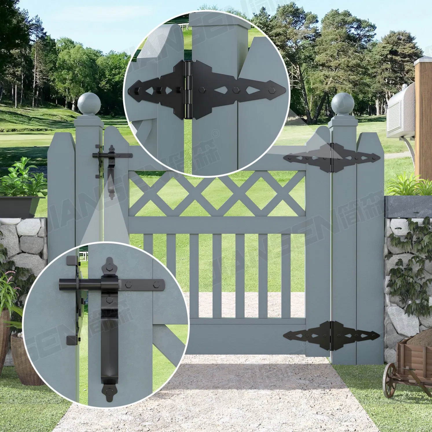 Modernization Great Quality Decorative Hinges and Spring Loaded Latch Black Iron Wood Gate Hardware Set Kit for Vinyl Gates Fence Gate and Outdoor Doors