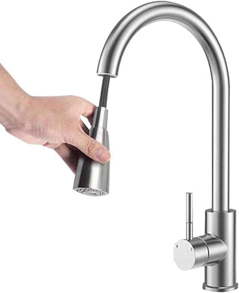 360° Swivel Stainless Steel Kitchen Hot &amp; Cold Water Faucet Single Hole Kitchen Sink Faucet with Pull Down Spray