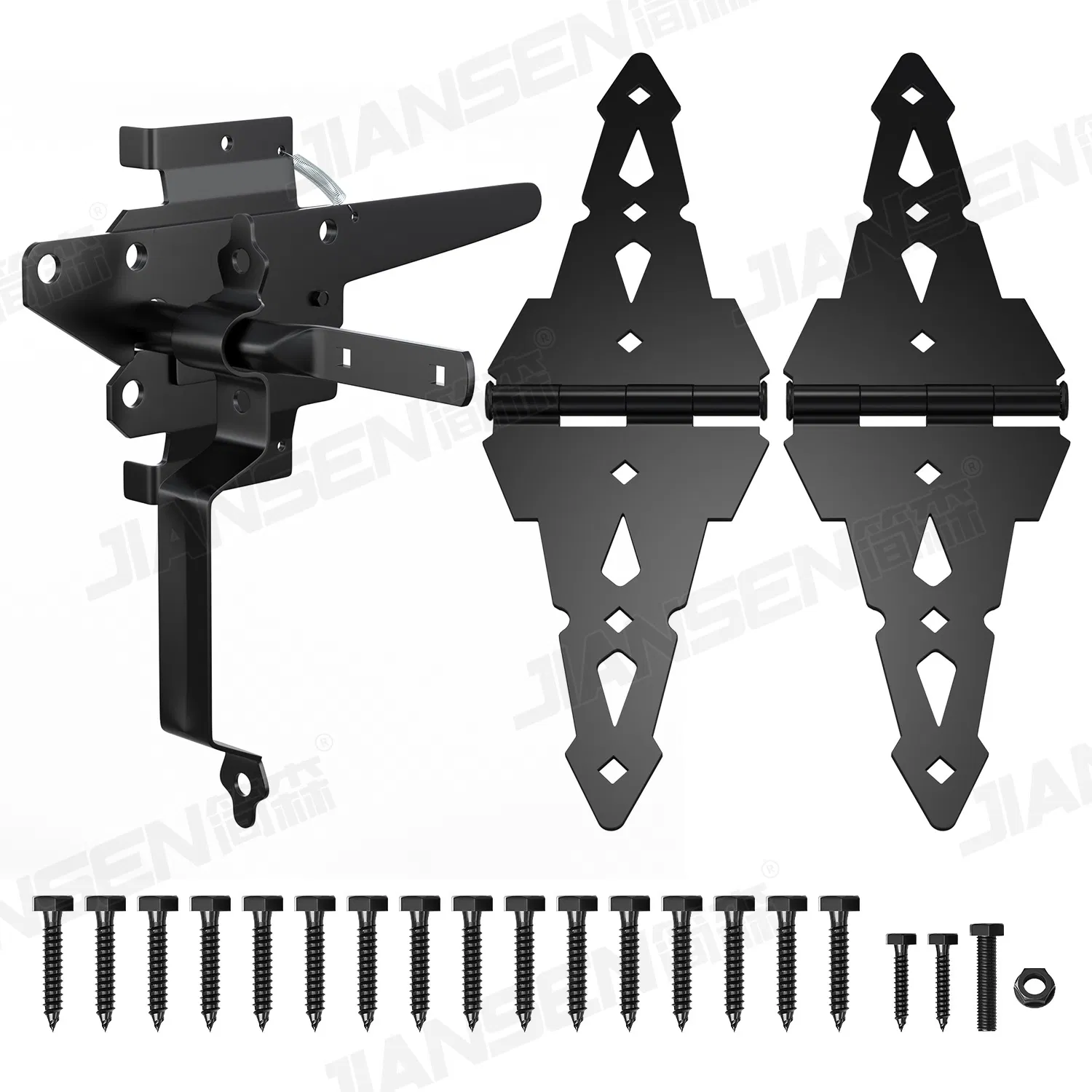 Modernization Great Quality Decorative Hinges and Spring Loaded Latch Black Iron Wood Gate Hardware Set Kit for Vinyl Gates Fence Gate and Outdoor Doors