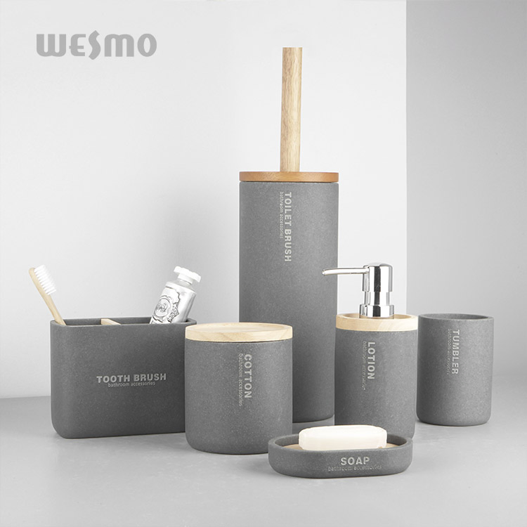 China Simple Grey 6 PCS Bathroom Decor Items Soap Dispenser Resin Bathroom Set