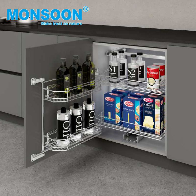 Kitchen Hardware Accessory Multi Purpose Spice Blind Corner Rack Chrome Plated Cabinet Storage Rack Baskets Pull out Soft Close Wire Basket