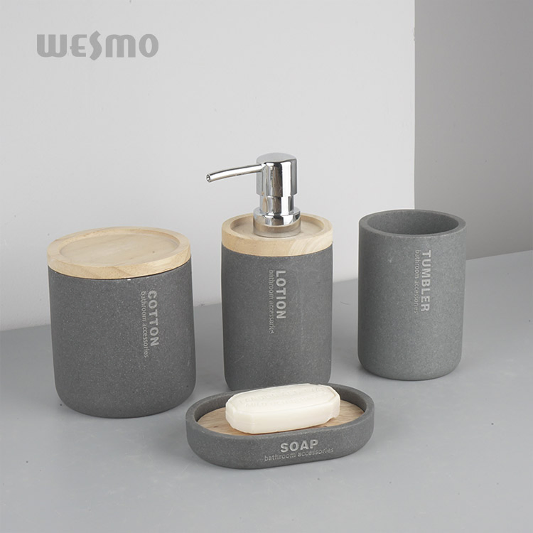 China Simple Grey 6 PCS Bathroom Decor Items Soap Dispenser Resin Bathroom Set