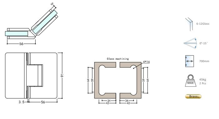 Door &amp; Window Hinges Glass to Glass 135 ° Square Hinge Shower Door