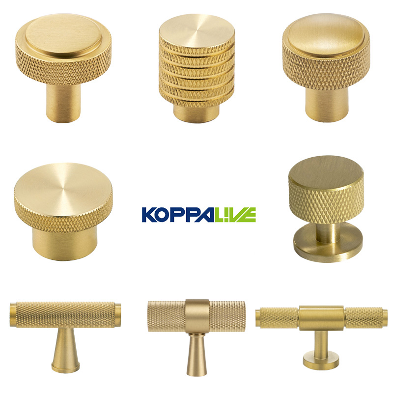 Koppalive European Luxury Knurled Kitchen Cabinet Door Knob Modern Copper Furniture Handles Gold Solid Brass Drawer Knob