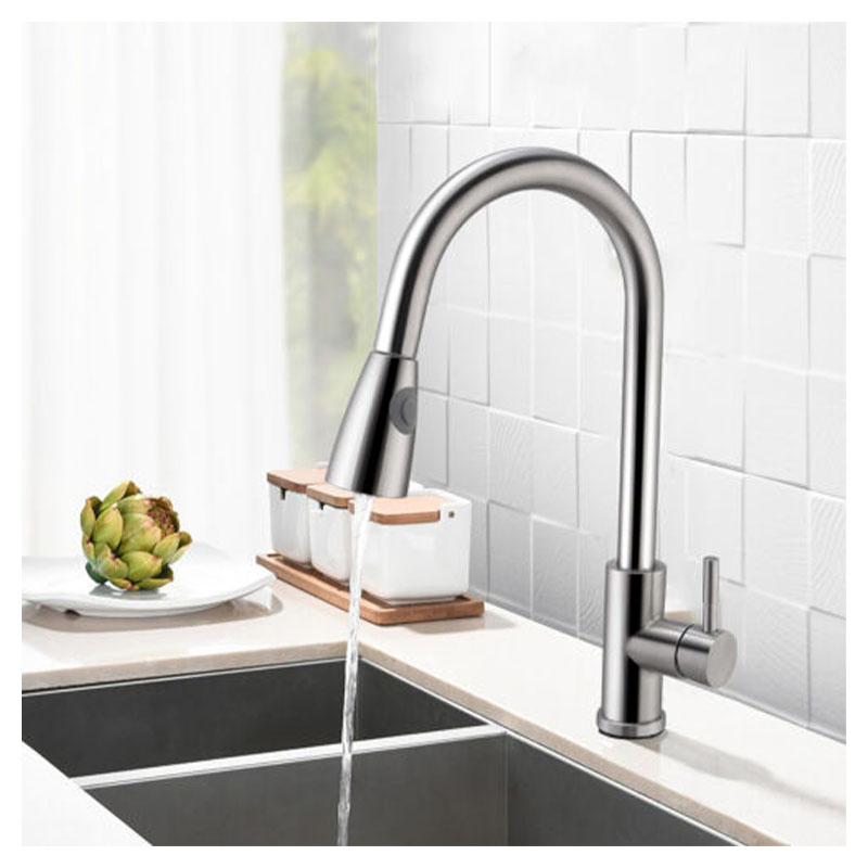 360° Swivel Stainless Steel Kitchen Hot &amp; Cold Water Faucet Single Hole Kitchen Sink Faucet with Pull Down Spray