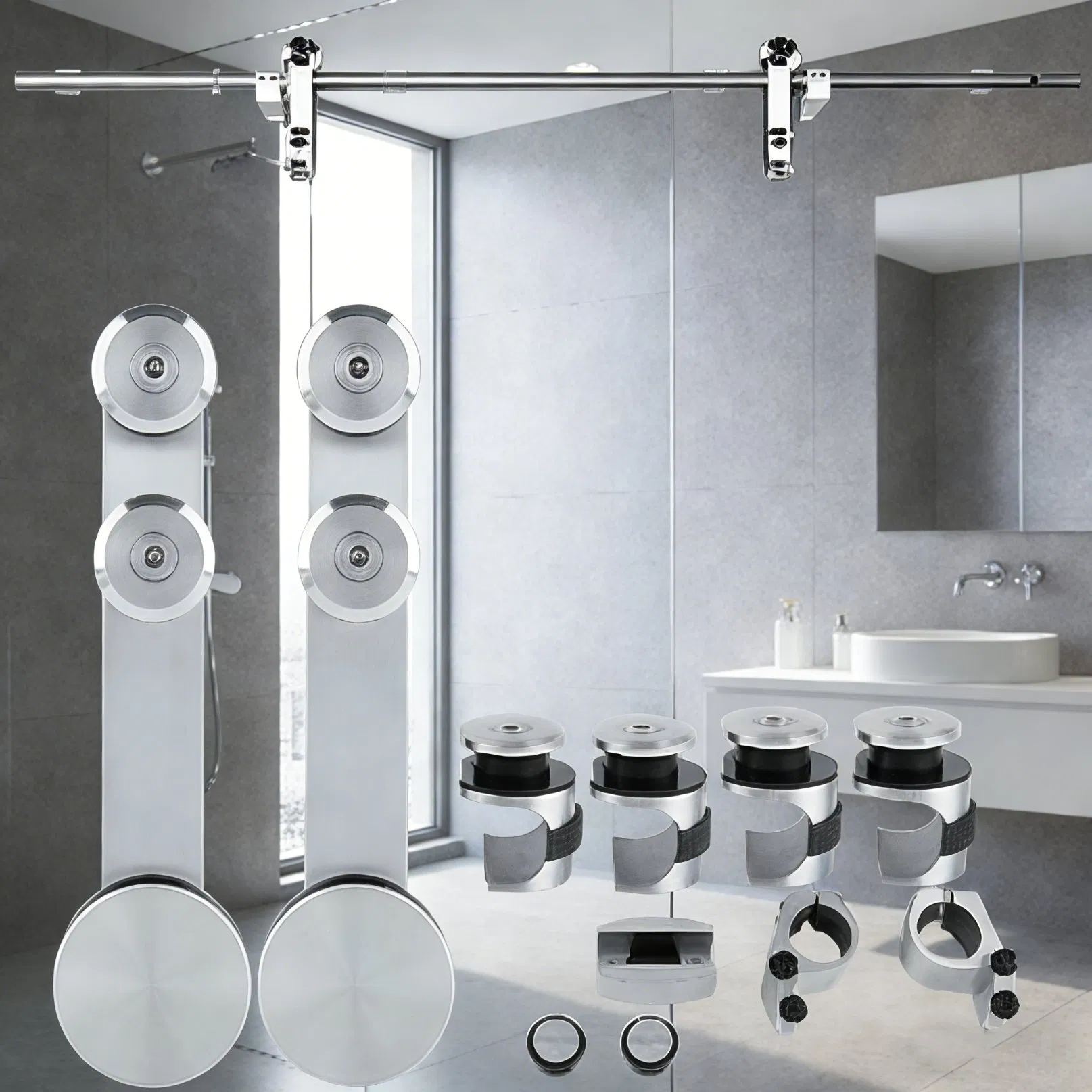Brass Hotel Roller Hardware Stainless Steel Fitting Combo Self-Closing Shower Room Glass Brackets Frameless Sliding Door Track System New Bathroom Accessories