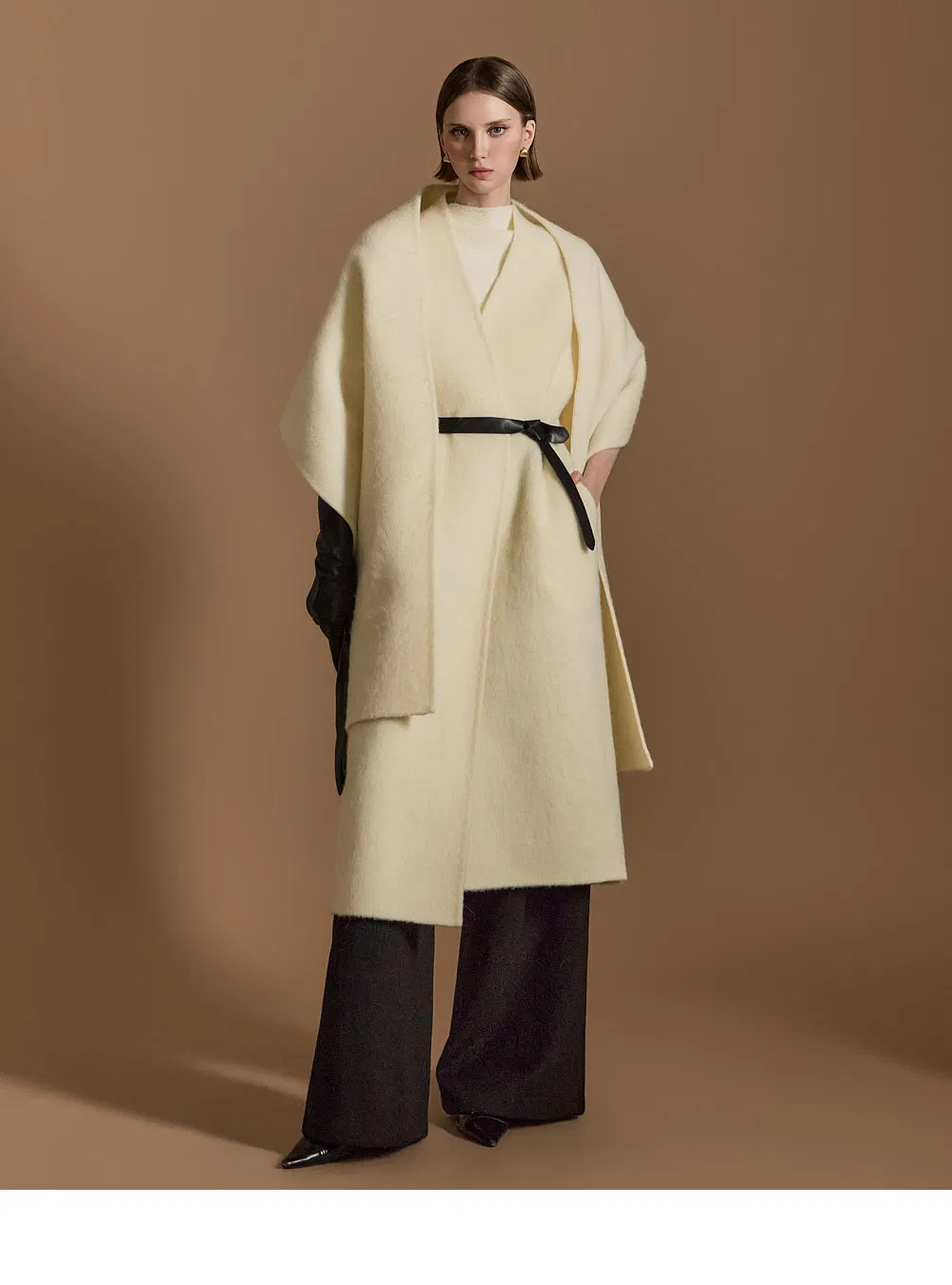 Casaco de Lã com Gola de Cape de Luxo para Mulheres, Oversized, com Cinto, Sobretudo Longo de Lã, Elegante, Roupa Externa