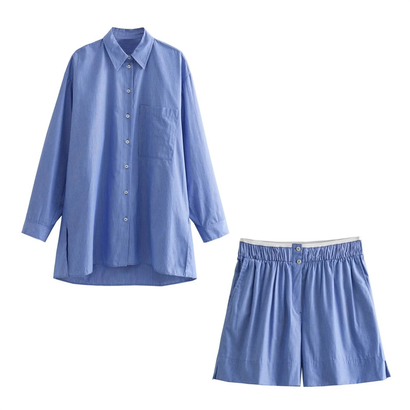 Novo Estilo Casual de Moda Calças Curtas de Popeline Listradas em Azul com Recortes na Cintura Média Roupas Femininas Atacado
