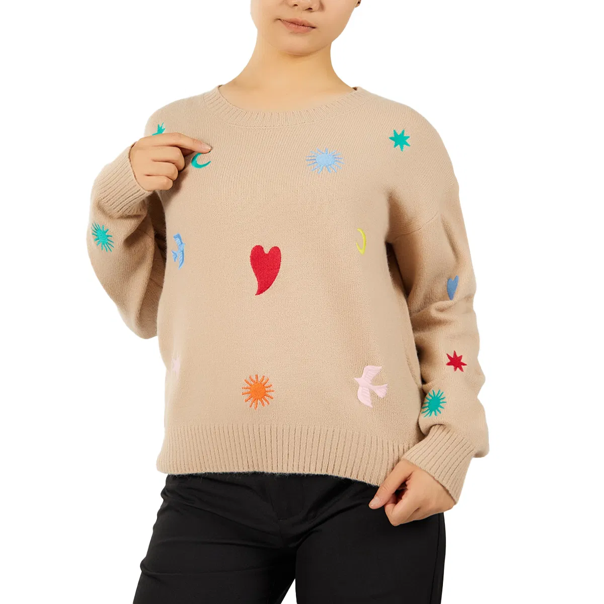 Suéter de Inverno Feminino Personalizado, Pulôver de Gola Redonda Bordado Fofo, Tricô em Tom Apricot