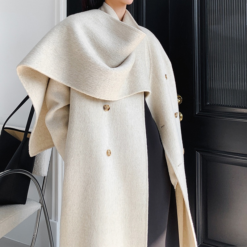 Vendas Diretas de Fábrica de Cachecóis Femininos, Casacos Longos de Lã de Cashmere com Gola, Casacos de Lã Dupla Face