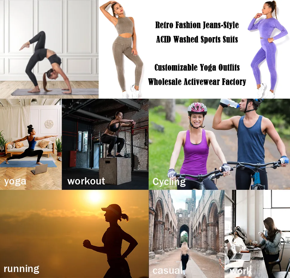 Conjunto de Roupas de Treino para Mulheres em Estilo Vintage com Lavagem Ácida 2 Leggings Sem Costura de Cintura Alta com Top Sem Mangas Almofadado Removível para Yoga