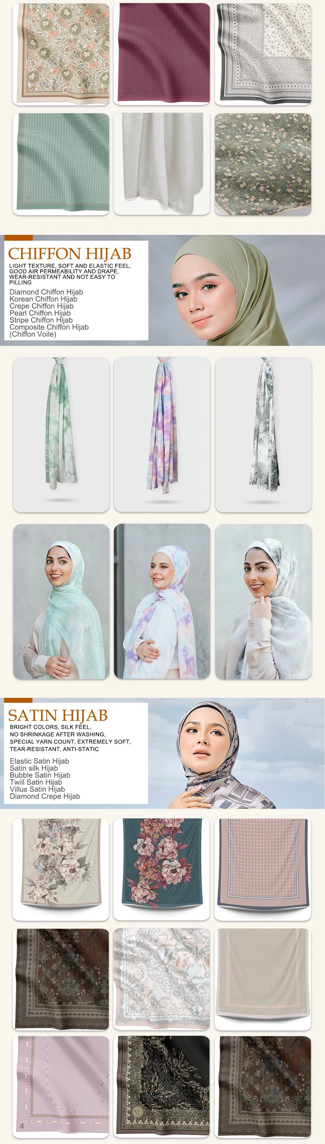 Moda Modesta Elegante Personalizada Estampas Sazonais Mercado do Oriente Médio Hijab de Cetim Elástico