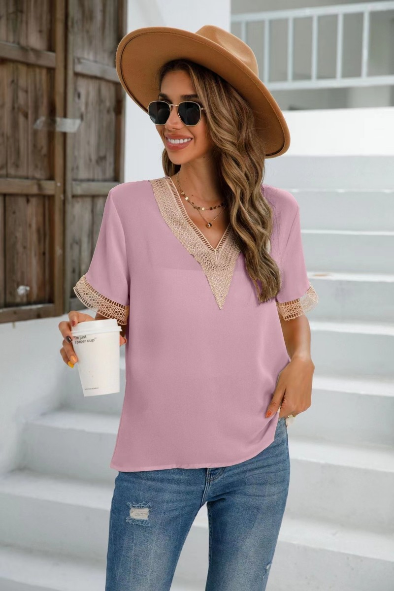 Blusa de Renda com Decote em V e Manga Curta para Mulheres