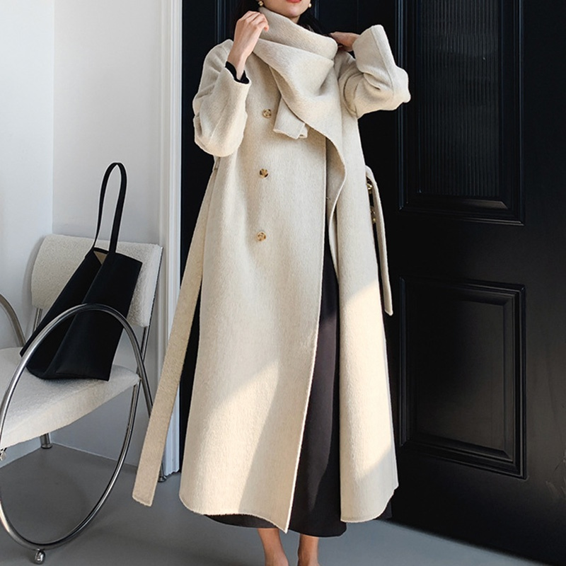Vendas Diretas de Fábrica de Cachecóis Femininos, Casacos Longos de Lã de Cashmere com Gola, Casacos de Lã Dupla Face