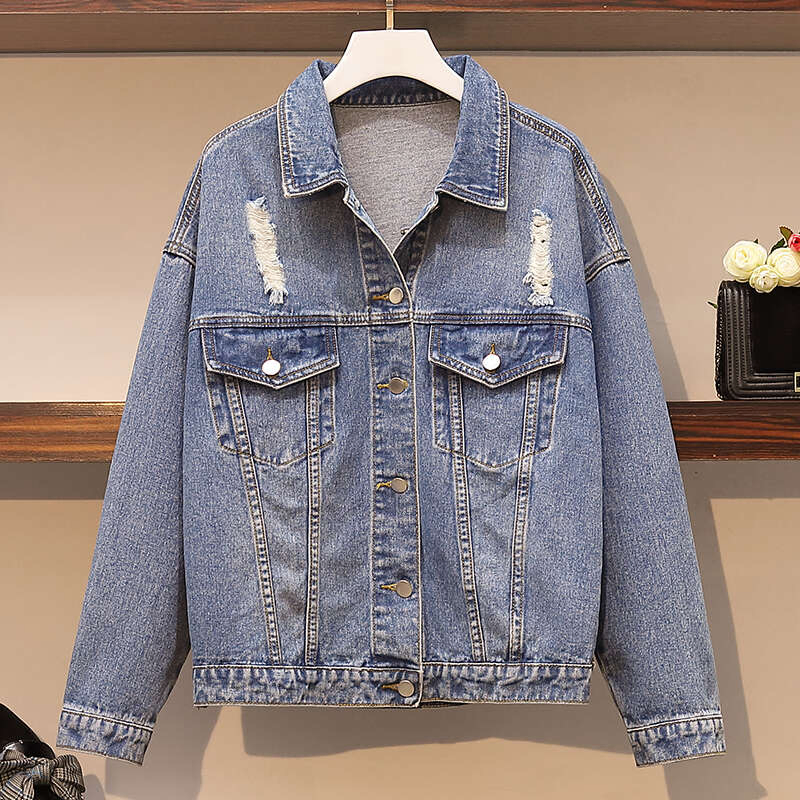 Mulheres moda Outono Bordados Jaqueta Denim solto da roupa