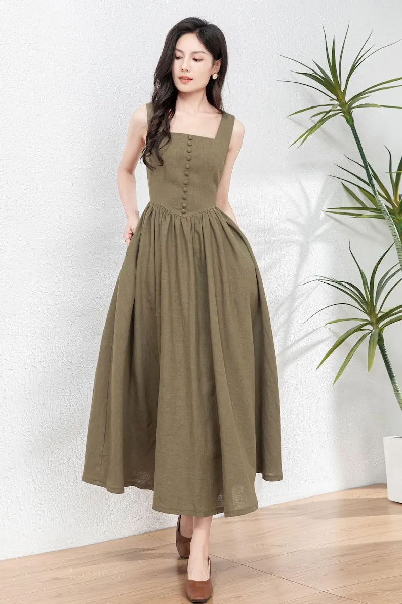 Vestido Maxi de Linho Feminino Trendy com Exclusivas Aplicações de Botões