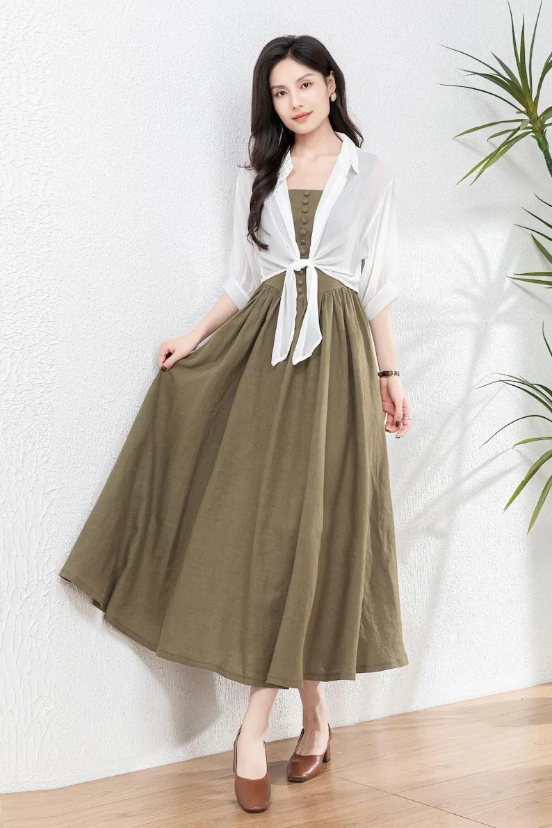 Vestido Maxi de Linho Feminino Trendy com Exclusivas Aplicações de Botões