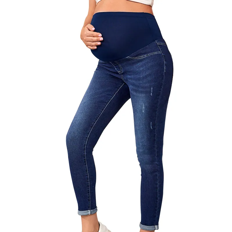 Calças de cintura alta de denim para mulheres grávidas europeias e americanas, calças skinny da moda com pernas pequenas e elásticas, mamãe estilosa