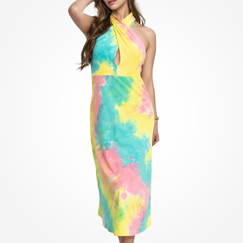 Vestidos Midi Sem Mangas Tie-Dye Ecológicos para Mulheres em Fibra de Bambu, Vestido Casual de Verão com Decote Halter para Senhoras