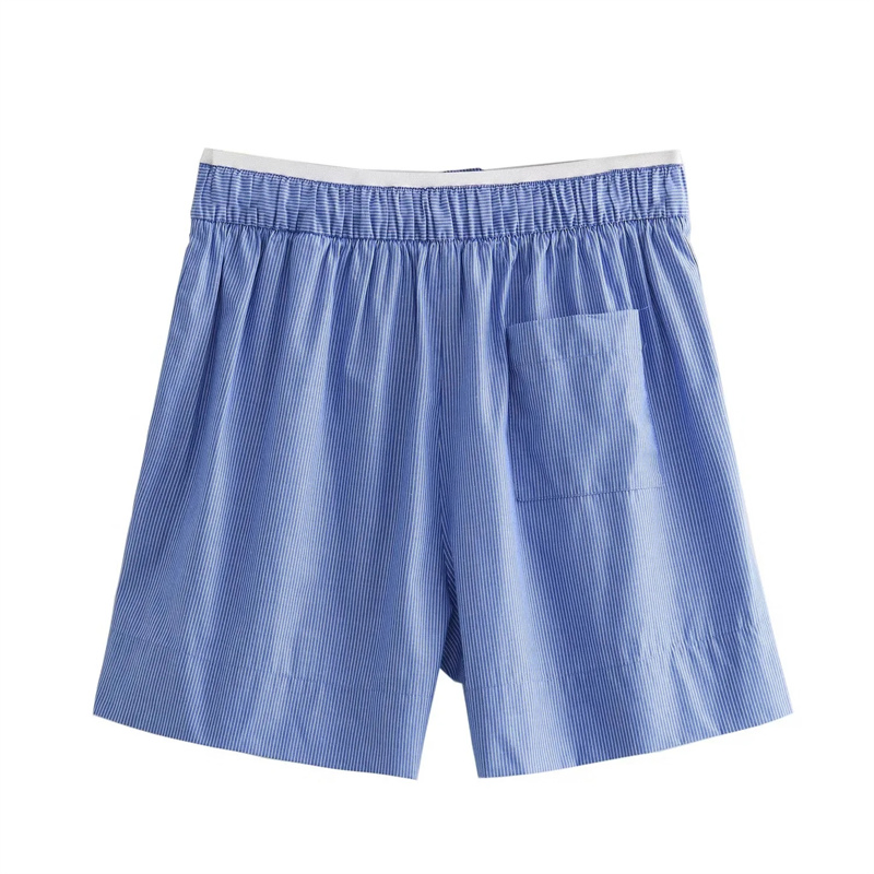 Novo Estilo Casual de Moda Calças Curtas de Popeline Listradas em Azul com Recortes na Cintura Média Roupas Femininas Atacado