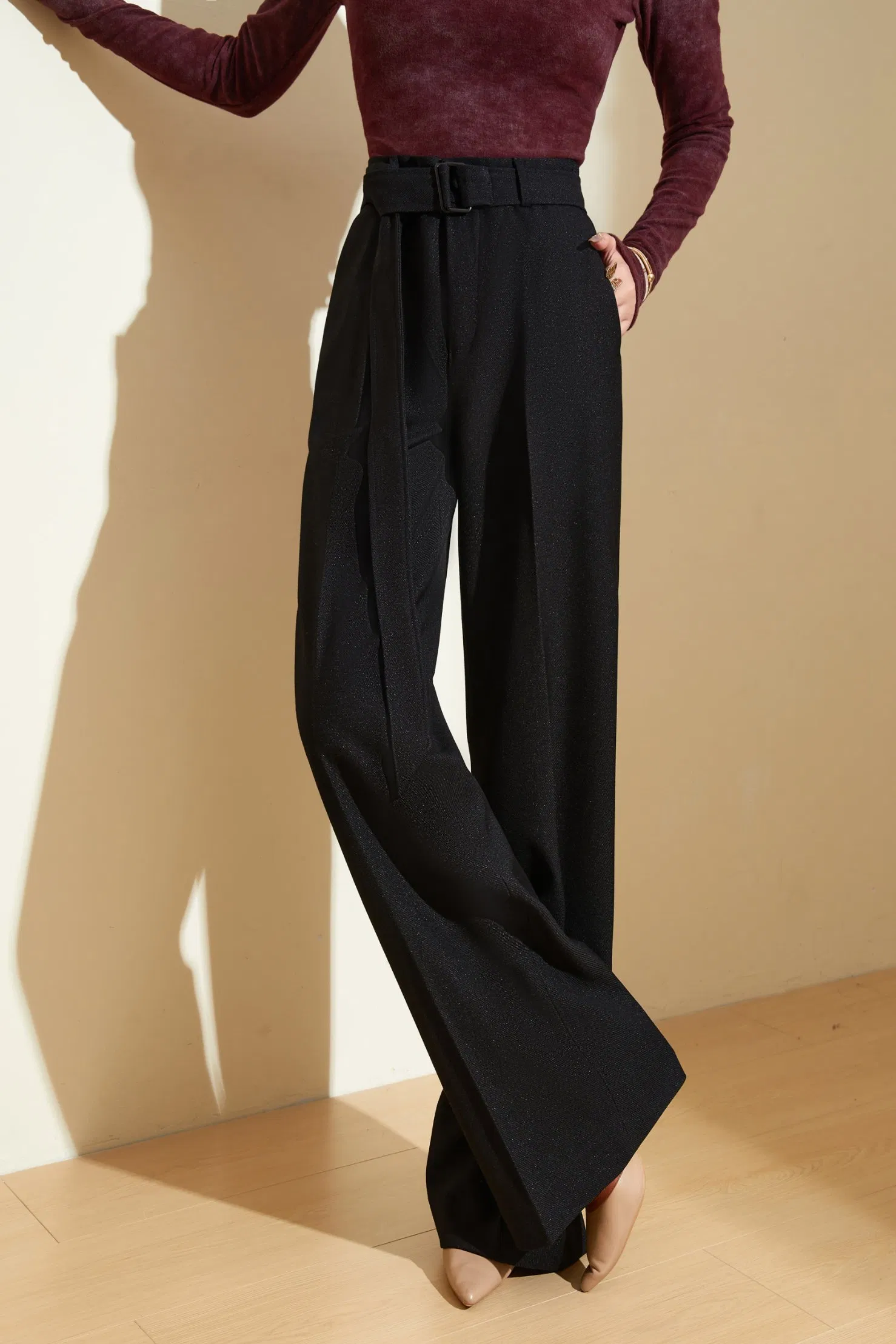 Calças largas de lã de inverno com textura de tweed para mulheres - Vestuário de escritório