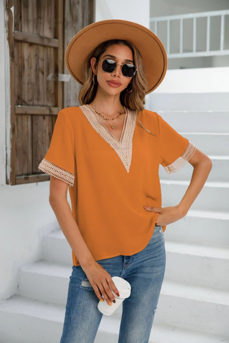 Blusa de Renda com Decote em V e Manga Curta para Mulheres