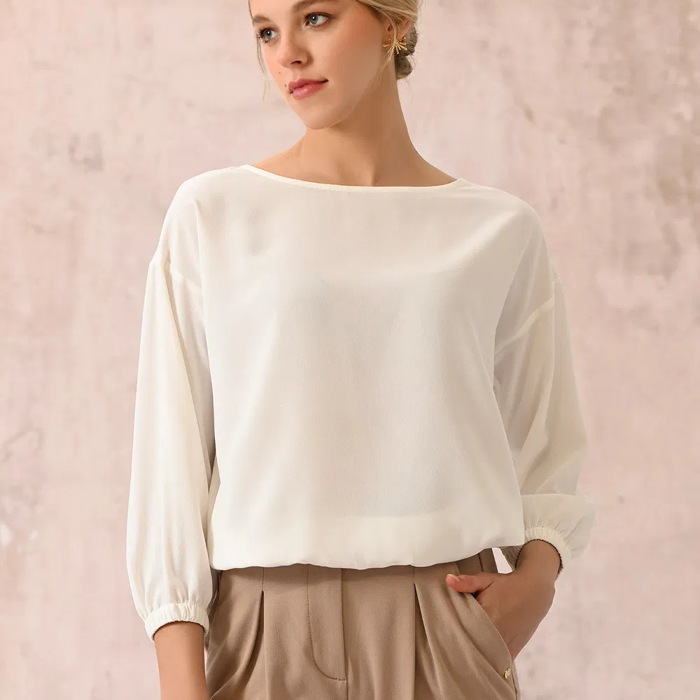 Blusa de Chiffon Casual para Mulheres, Manga Longa, Gola Redonda, Punhos Elásticos, Camisas Elegantes para Mulheres