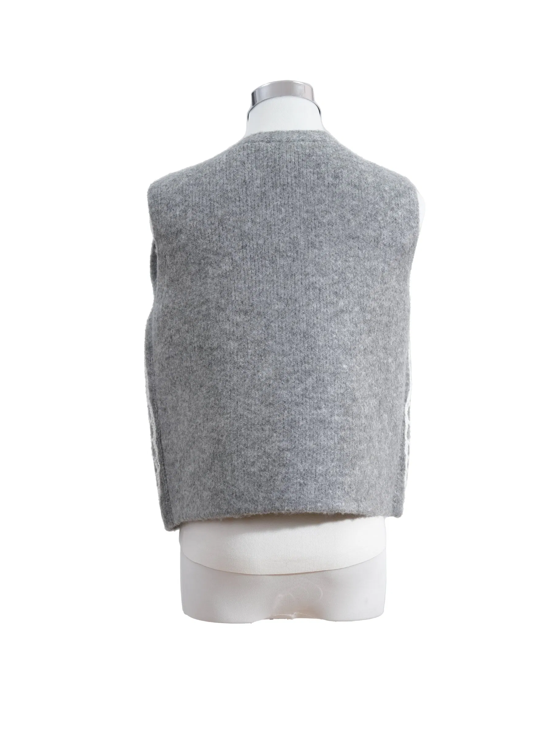 Colete sem mangas bordado em acrílico cinza névoa vintage para mulheres, roupa de outono