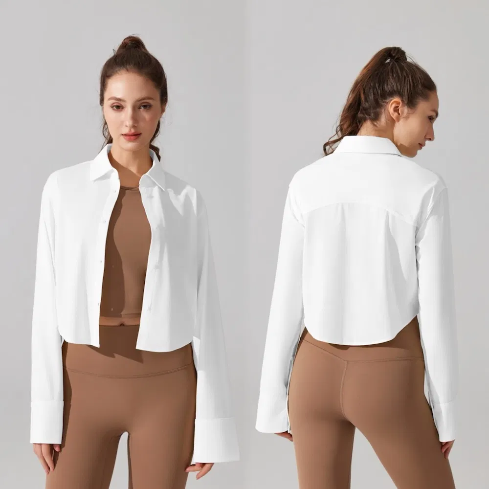 Roupas de Verão para Camping ao Ar Livre e Navegação com Proteção UV 50+ Camisas de Manga Longa para Mulheres, Blusas de Yoga com Alta Elasticidade e Botão