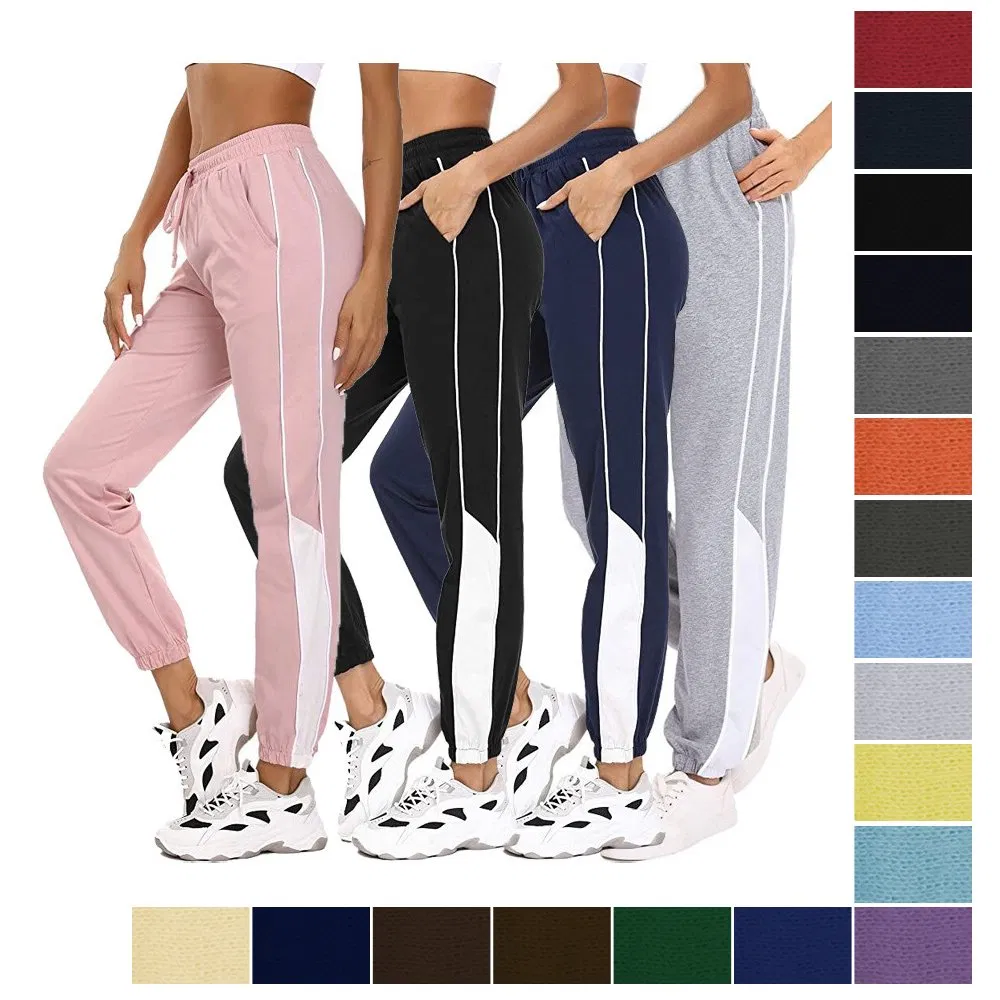 Fábrica Atacado Moda Calças de Moletom com Corda de Ajuste Calças de Moletom Femininas Cintura com Corda Calças com Costura Lateral Calças de Corrida para Mulheres