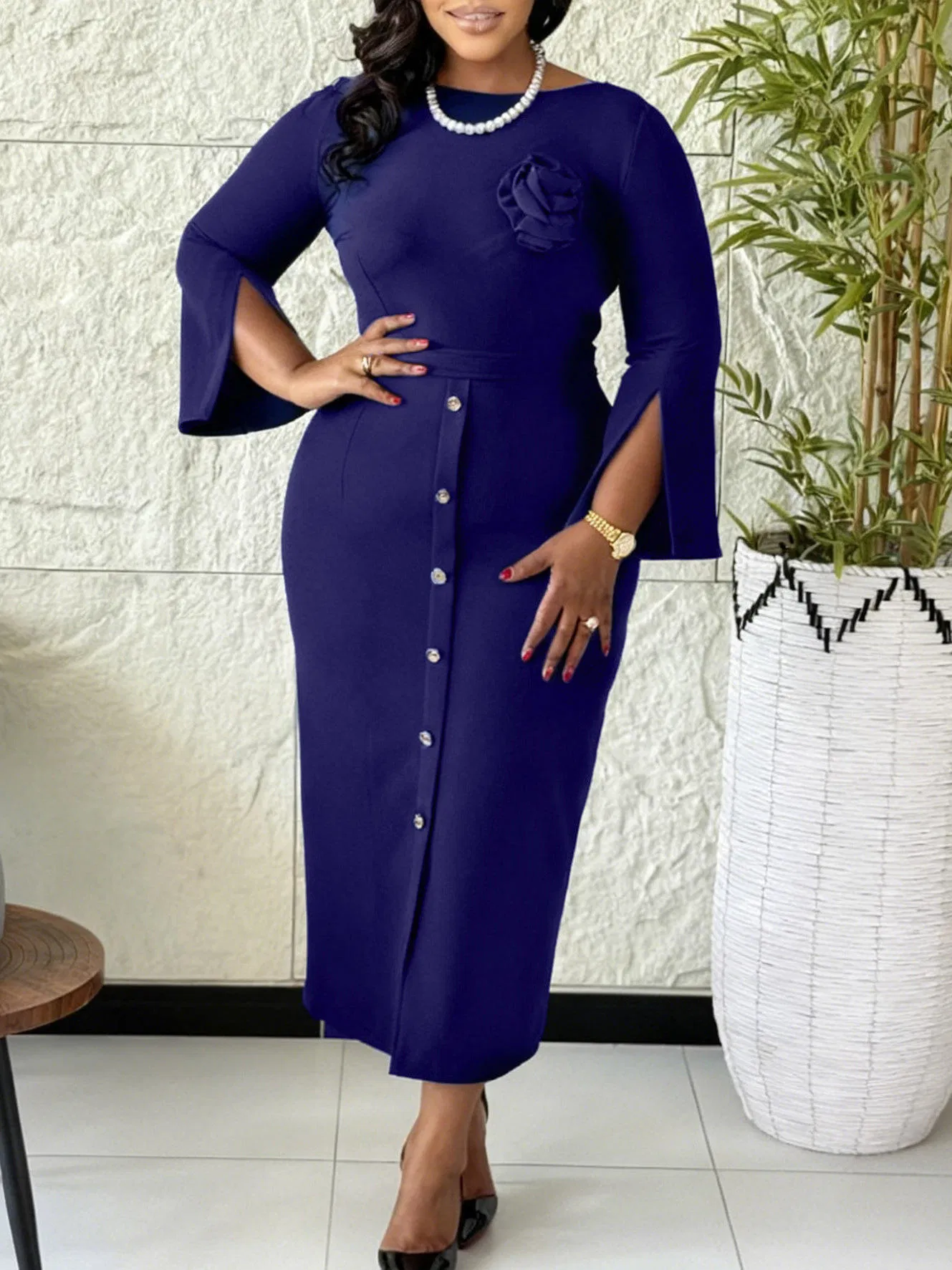 Elegante Blusa Feminina com Mangas Largas e Botões Florais, Ajuste Slim, Estilo Africano, Roupas de Trabalho Femininas