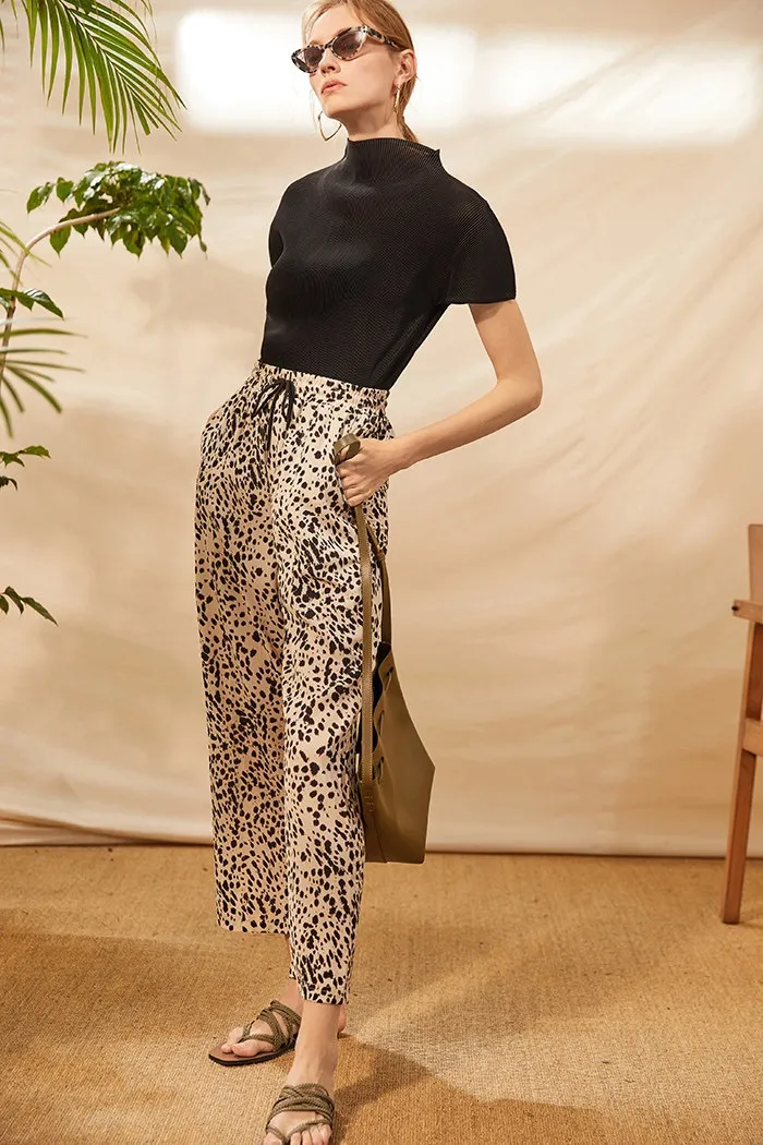 Calças largas casuais de verão para mulheres com estampa de leopardo e cordão na cintura