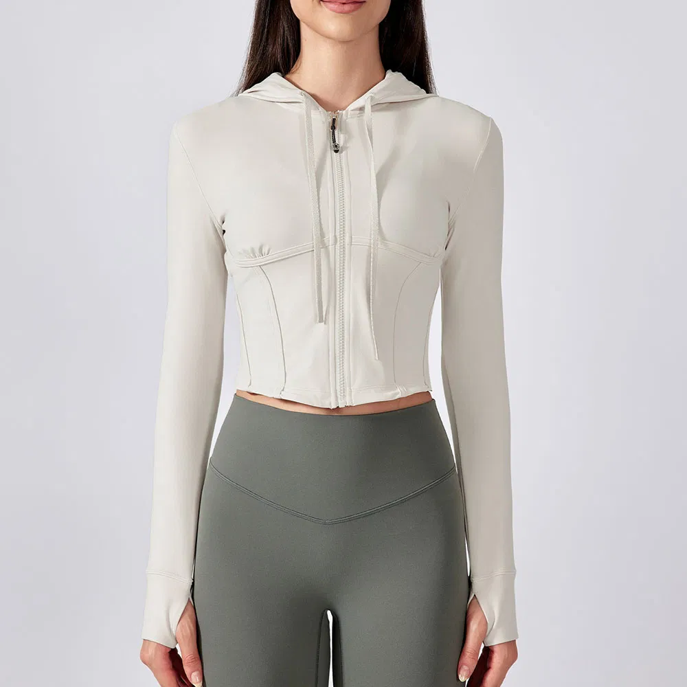 Jaqueta de Fitness ao Ar Livre para Mulheres, Cropped, Ajuste Slim, com Capuz, com Cordão, Casaco para Treino
