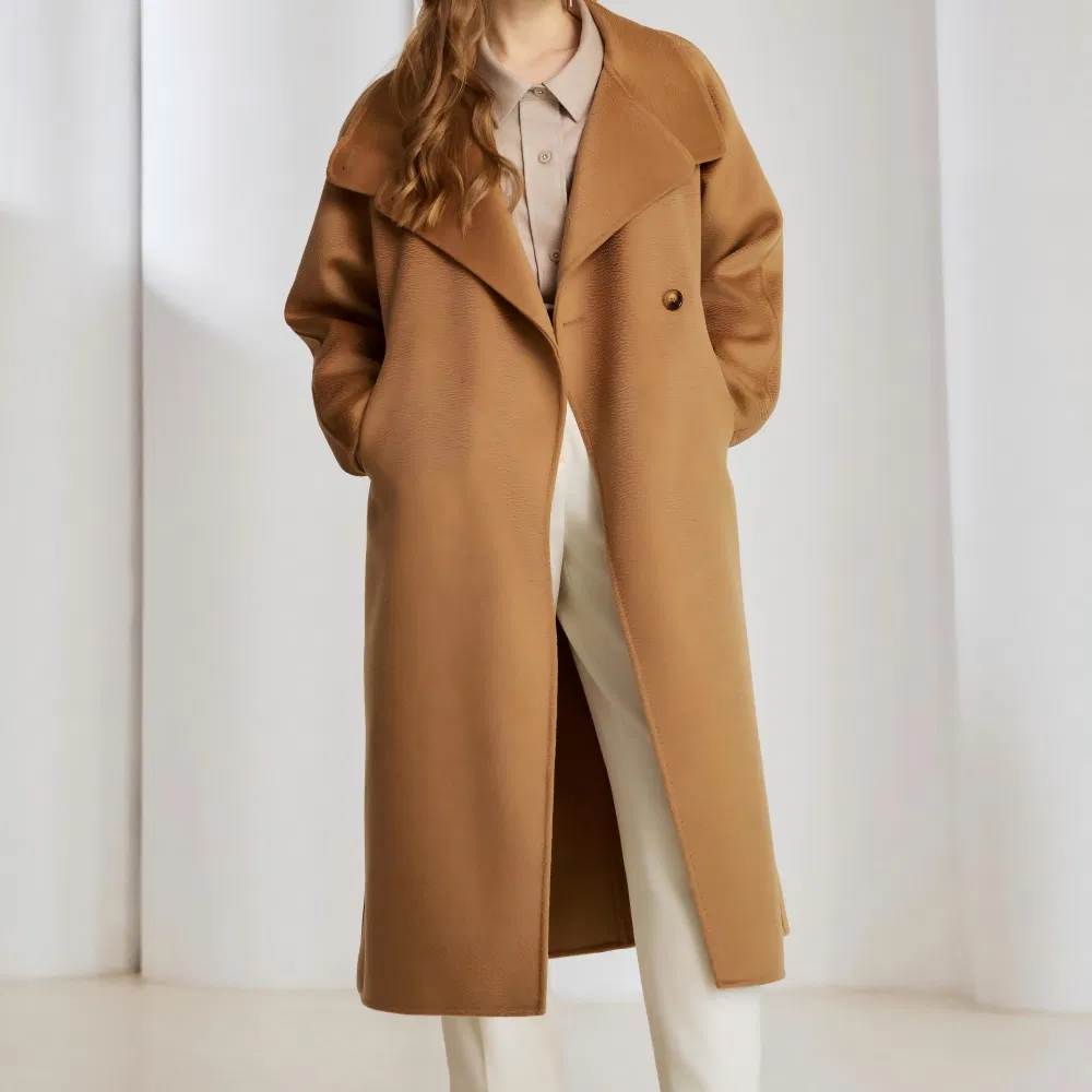 Serviço OEM de Novo Estilo Casaco Longo de Lã Feminino de Manga Longa Médio